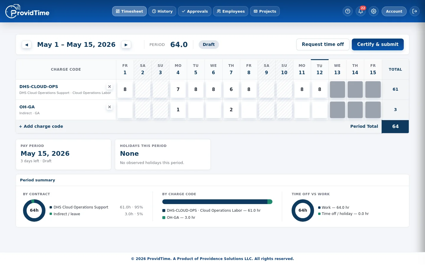Daily timesheet grid showing charge codes and day totals